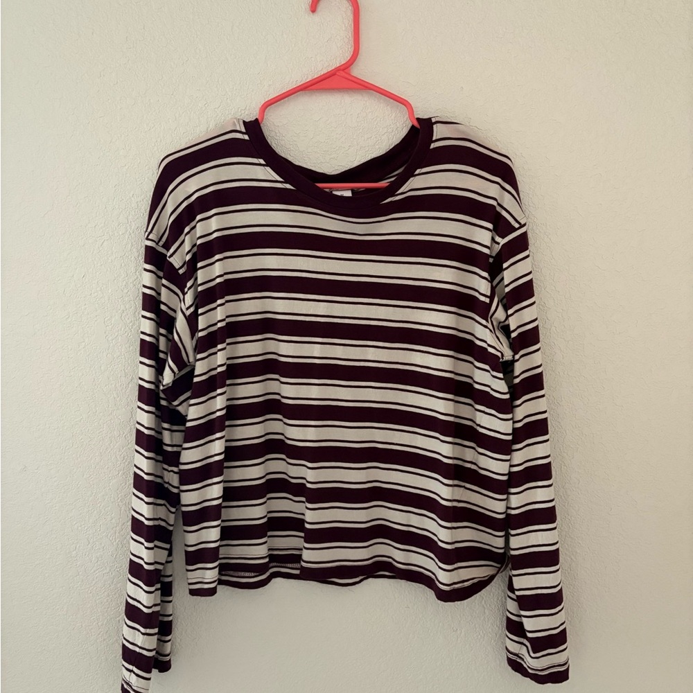 Striped Long-Sleeve Crewneck Top - Maroon and Cream